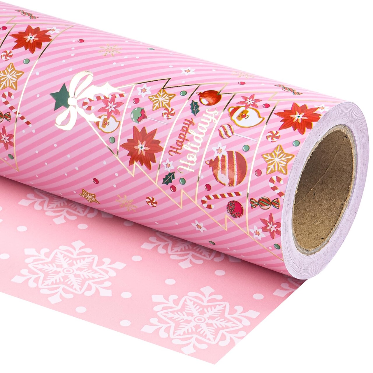 Reversible Pink Christmas Wrapping Paper - Mini Roll - 17 Inch x 33 Feet - Pink Christmas Tree Wrapping Paper and Snowflake Design for Holiday, Party Celebration